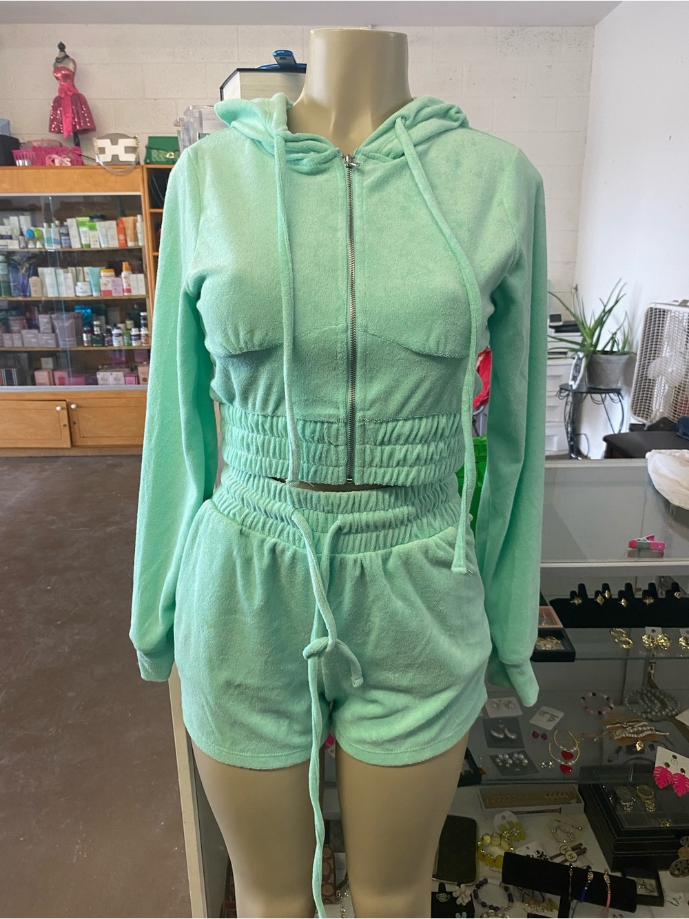 Zenana Outfitters Mint Green Plush Crop Hoodie & Shorts Set